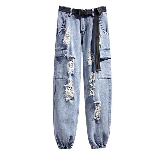 

women's pants & capris 2021 spring loose bf holes cargo female plus size 2xl belt jeans high waist cropped harem, Black;white