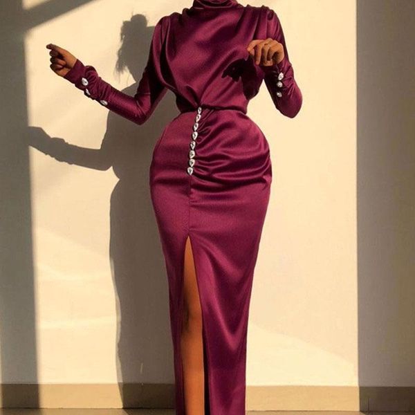 

casual dresses ladies elegant long sleeve satin dress women solid split turtleneck maxi formal holiday party vestidos, Black;gray