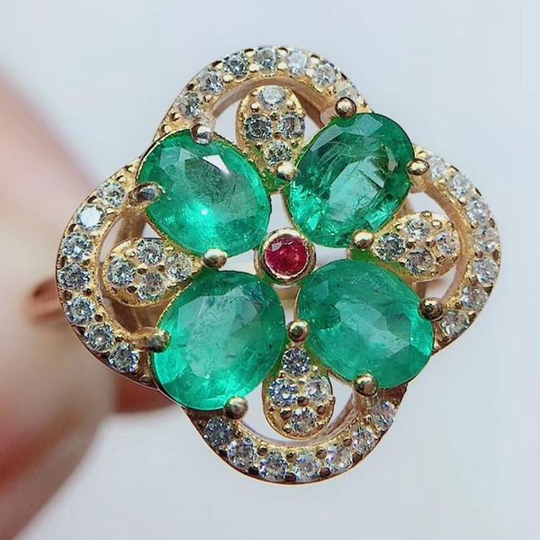 

cluster rings per jewelry natural real emerald flower style ring 0.5ct *4pcs gemstone 925 sterling silver fine q204162, Golden;silver