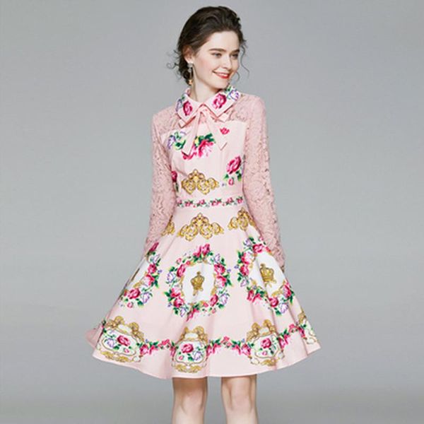 

casual dresses 2021 spring runway pink floral dress women's lace patchwork long sleeve bow collar flower printed a line elegant, Black;gray