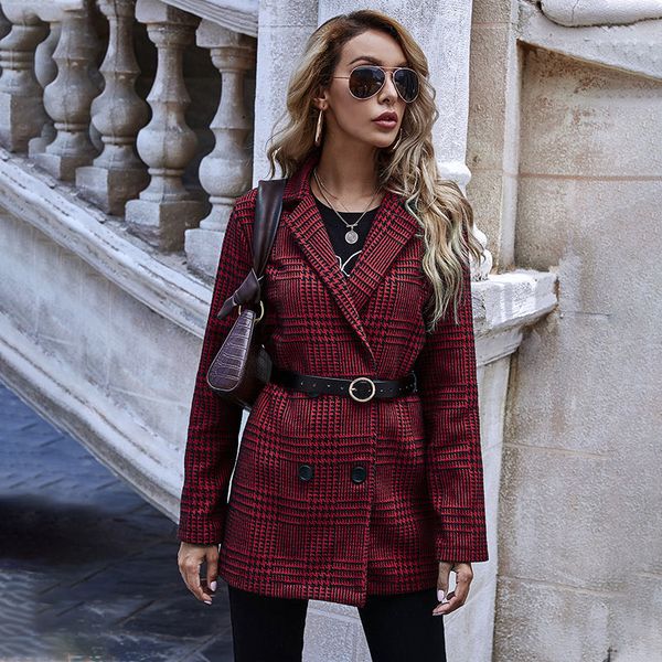 

2021 autumn winter double breasted plaid casual suit coat fashion slim ladies blazer for women new 6c1m, White;black