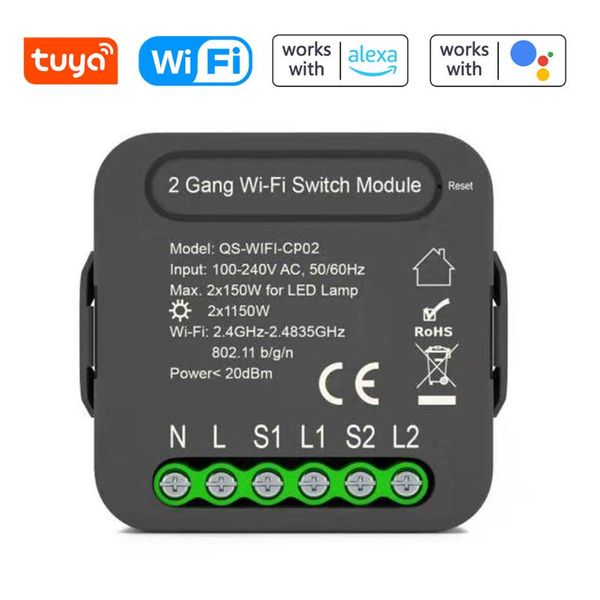 

smart home control qs-wifi-cp02 tuya wifi intelligent switch module 2 gang app/voice compatible alexa google