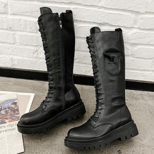 

dress shoes chunky platform pu leather knee high boots women punk long woman lace up booties mujer 2021 square heel, Black