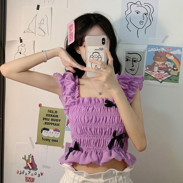 

2021 summer chiffon french style kawaii crop casual short sleeveles bow slim fit elegant blouse women new n0js hzch, White