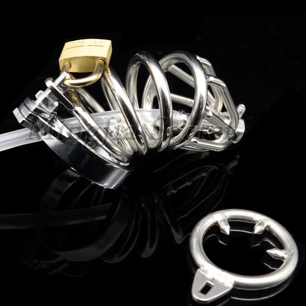 

long stainless steel male chastity beltcock cage with urethral catheter barbed anti-off ringpenis sleevebdsm toys for man