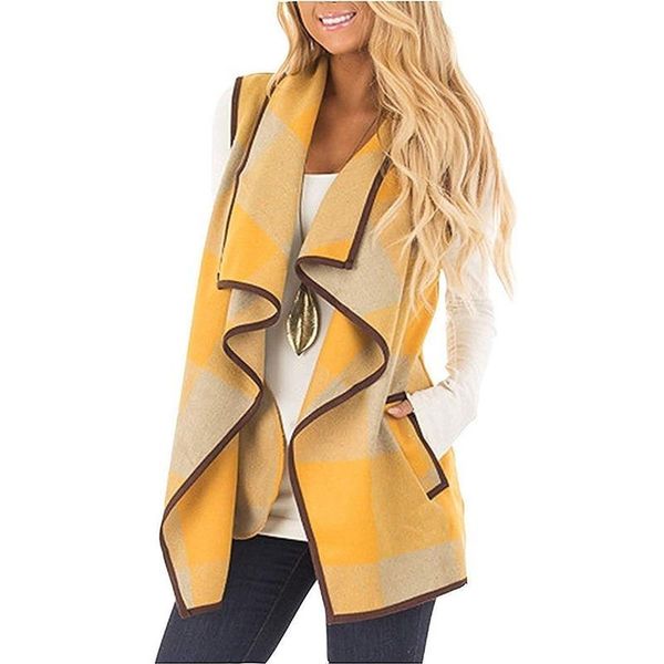 

women's vests big lapel women vest winter sleeveless plaid coats thick long jackets autumn streetwear fashion woolen lady cardigan coat, Black;white