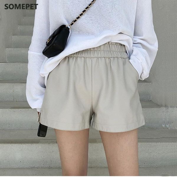 

khaki pu leather shorts women wide leg faux leather shorts high waist for women autumn loose pu, White;black