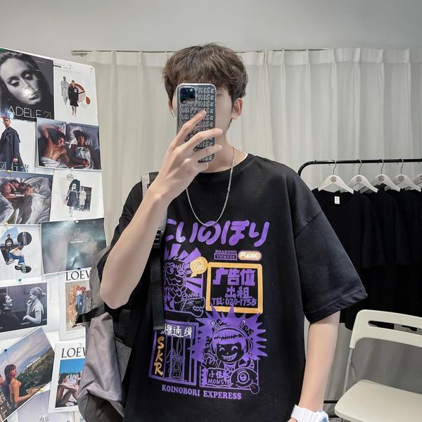 

men's t-shirts japanese cartoon print short-sleeved t-shirt men and women trend 2021 summer tide brand couple wild loose printing, White;black