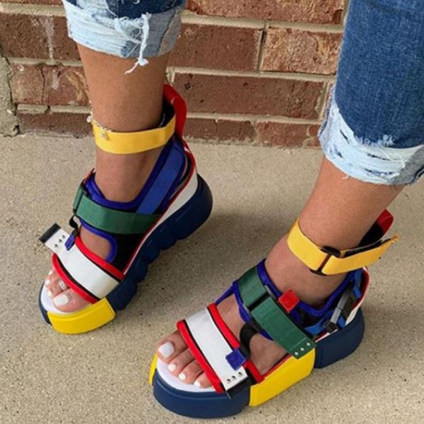 Marca INS Lady Plataforma Sandálias Moda Colorido Verão Gladiador Sandálias Mulheres Cunhas Sapatos Mulher Tamanho Grande 34-44