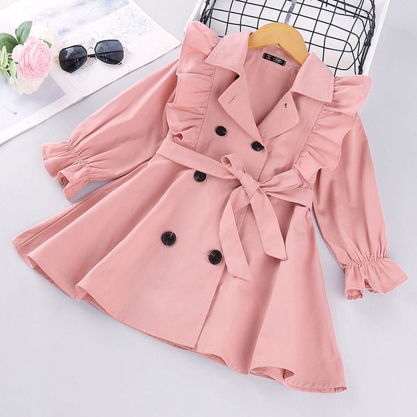 

girls trench coat solid double-breasted belt childrens jacket fur collar pink windbreaker for girls winter coat for 2-6 years, Red;yellow