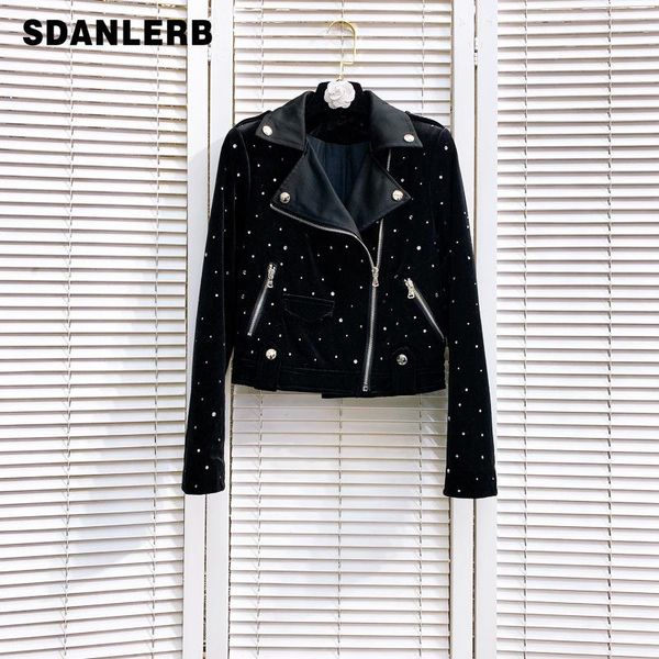 

women's jackets autumn and winter heavy industry motorcycle jacket rhinestone lapel slimming short black silk velvet coat streetwear, Black;brown