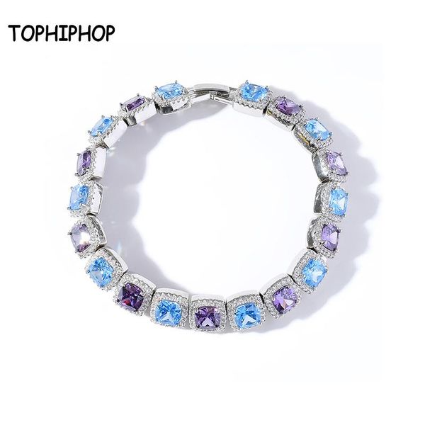 

link, chain iphop hip hop jewelry 10mm square zircon bracelet men women micro-inlaid color blue purple, Black