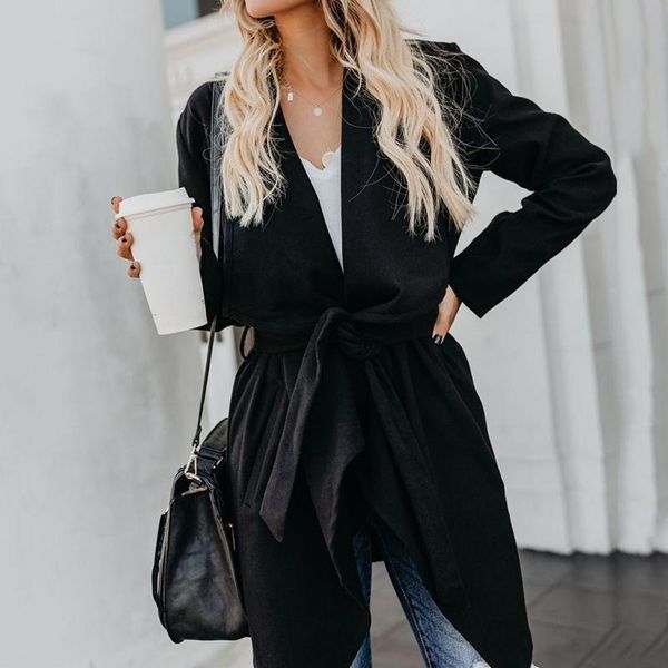 

women's wool & blends women autumn fashion streetwear mid-length woolen belt coat jacket winter casual warm office lady loose long, Black