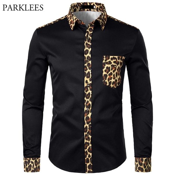 Homens Splice Leopard impressa camisa com vestido de bolso manga longa moda marca s botão s camisas hombre EUA 210626