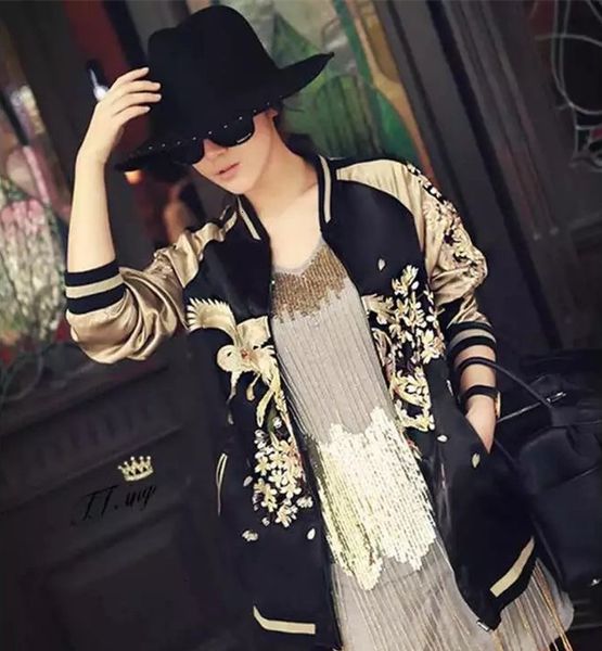 

wholesale- two side wear women embroidery floral phoenix bird short jackets brand bomber jacket coat pilot outwear spring jacket women, Black;brown