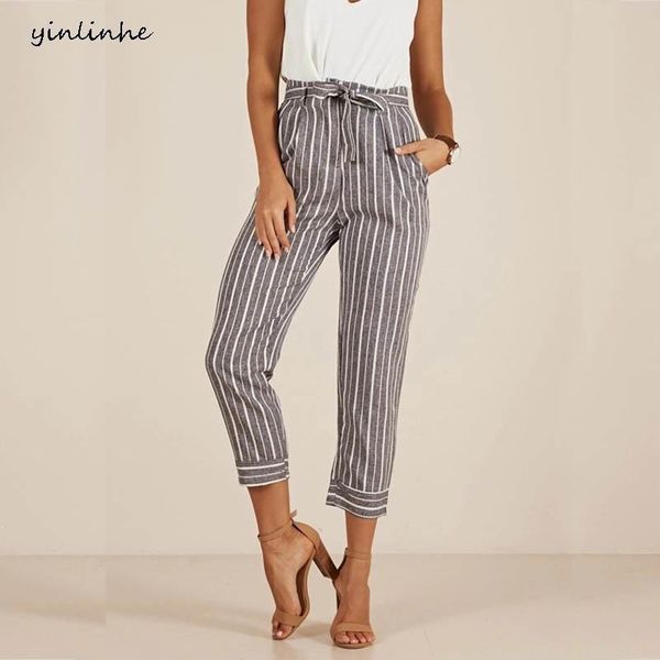 

women's pants & capris yinlinhe grey striped female pant with belt high waist women spring 2021 office ladies sim casual pencil trouser, Black;white
