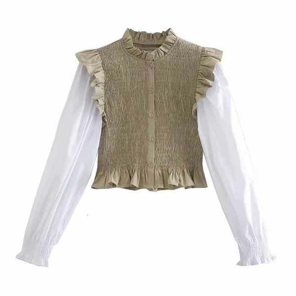 

women new blouse camel patchwork crop woman 2021 high neck elastic ruffle puff long sleeve ladies korean blouses l76d 9v4g, White