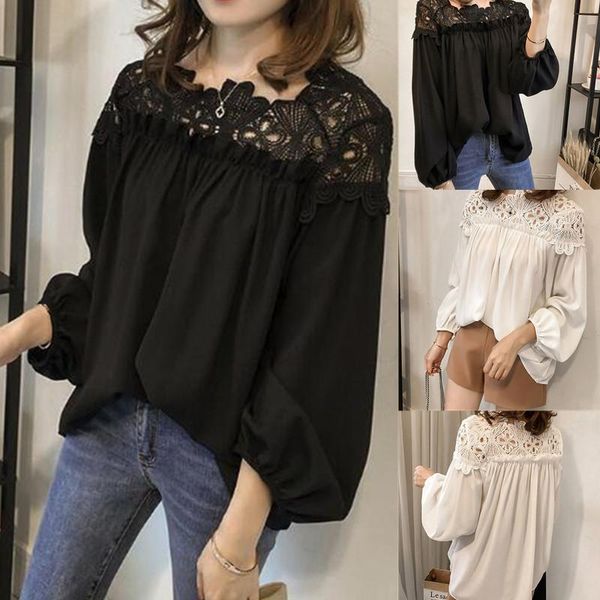 

women's blouses & shirts 2021 loose off shoulder women ladies puff sleeve casual elegant black white lace