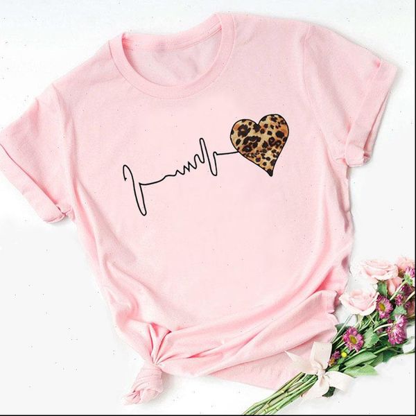 

leopard heart print pink t shirt women short sleeve o neck loose tshirt women shirt female clothes camisetas mujer, White