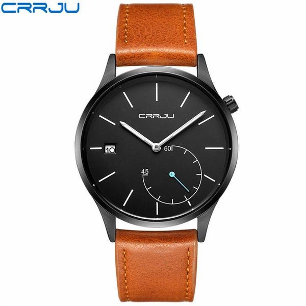 

wristwatches brand crrju 2129 genuine leather sell luxury watches men wrist waterproof ultra thin date male quartz, Slivery;brown
