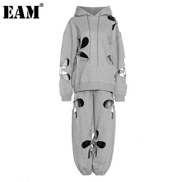 

[eam] hollow out pants two piece suit new hooled long sleeve gray loose fit women fashion tide spring summer 2021 1dd4201, White