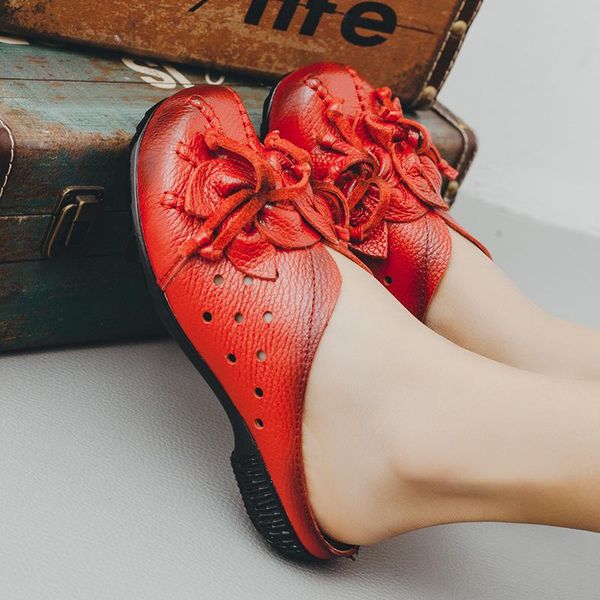 

slippers women's genuine leather shoes flat fretwork heels low pantofle slides summer 2021 basic ethnic fabric pu bonded, Black