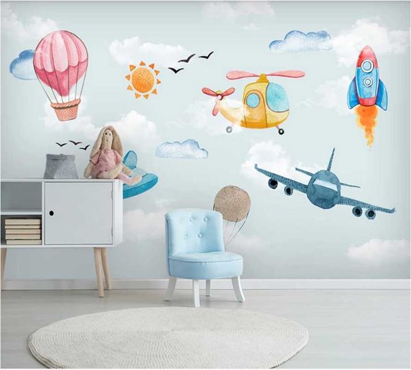 

custom wallpaper mural nordic minimalist hand-painted cartoon air balloon airplane children's room background wall