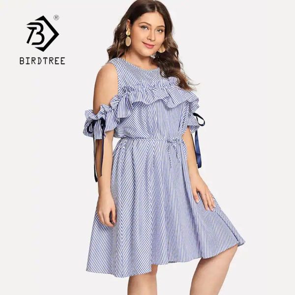 

party dresses 2021 summer women's plus size striped dress o neck cold shoulder lace up bow ruffles sleeve 4xl vestidos female modis wea, White;black