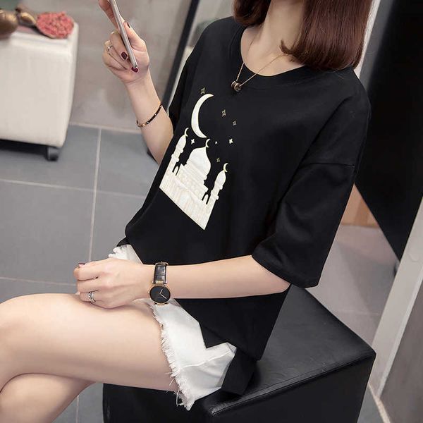 

plus size cotton white tshirt women summer sequin harajuku short sleeve t shirt casual black korean style tee shirt femme 210604
