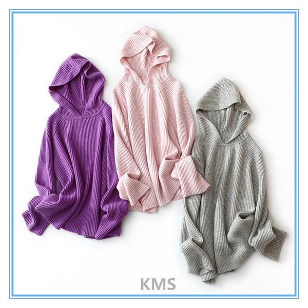 

kms new hooded cashmere sweater pure cashmere sweater long-sleeved for women, White;black