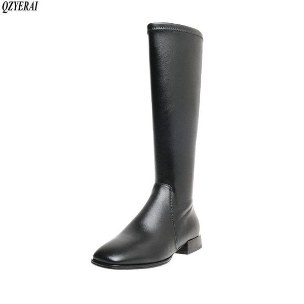 

boots qzyerai style genuine leather female the knee women's cowhide shoes size 34-41, Black