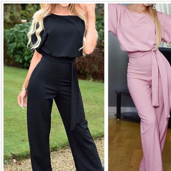 

plus size casual women jumpsuit summer 2021 short sleeve lace up loose jumpsuit backless elegant female office summer romper 3xl, Black;white