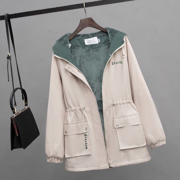 

2021 new winter fashion solid parka jacket women casual hooded plus velvet thick coat streetwear drawstring pocket loose warm trench qhem, Tan;black