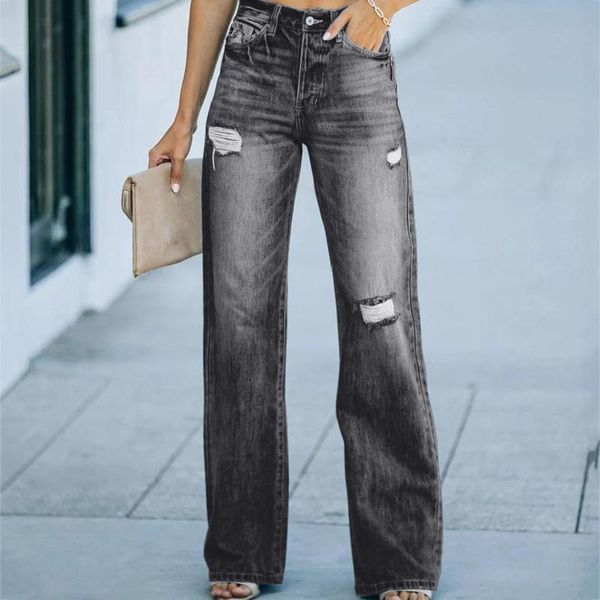 

women's jeans elastic women button washed denim pants femme pocket frayed holes trouser loose boot cut straight flare mujer t6, Blue