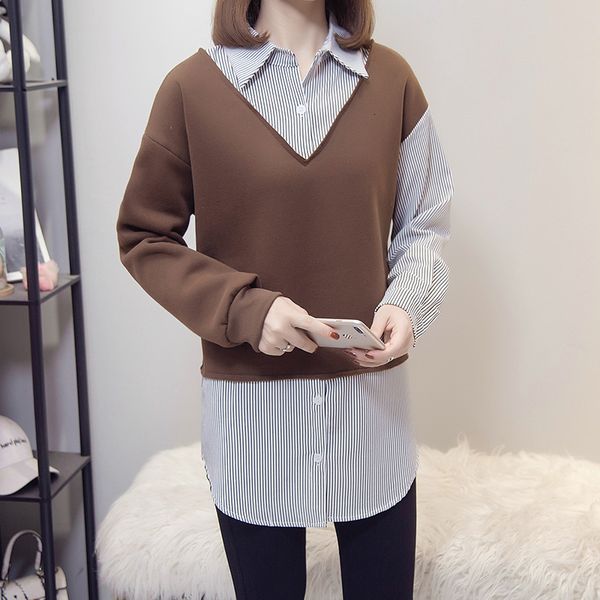 

plus female size spring fall korean style shirt feminine stripe new long sleeve fake two pieces blouse flp4, Black