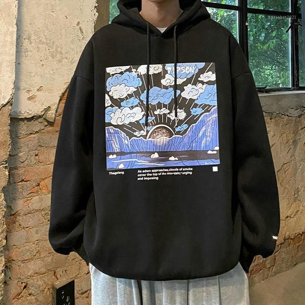 

men's hoodies & sweatshirts kemoy men cloud print harajuku hooded 2021 spring mens hip hop vintage male korean fashion hoodie clothes, Black