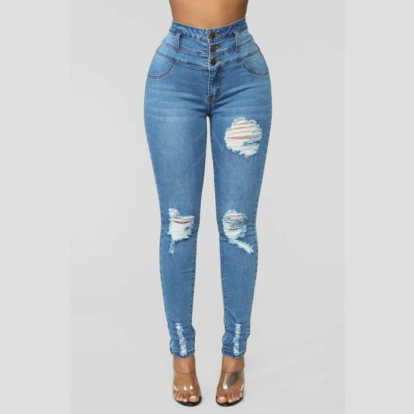 

2021 plus size jeans women oversized high waist ripped skinny jeans casual triple breasted stretch slim denim pencil pants s-4xl, Blue