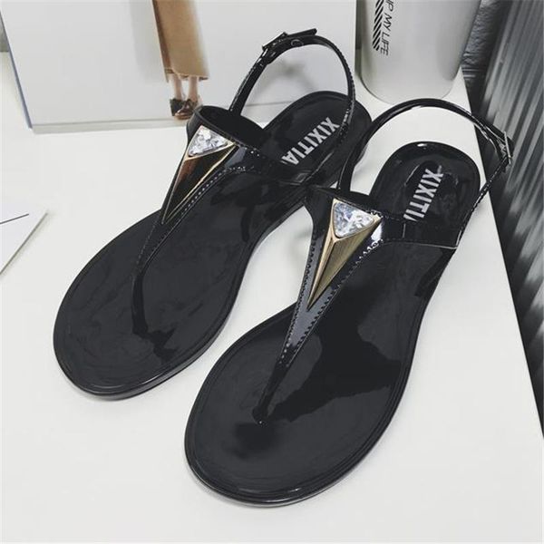 

sandals fashion rhinestone flat female 2021 heel t strap flip, Black