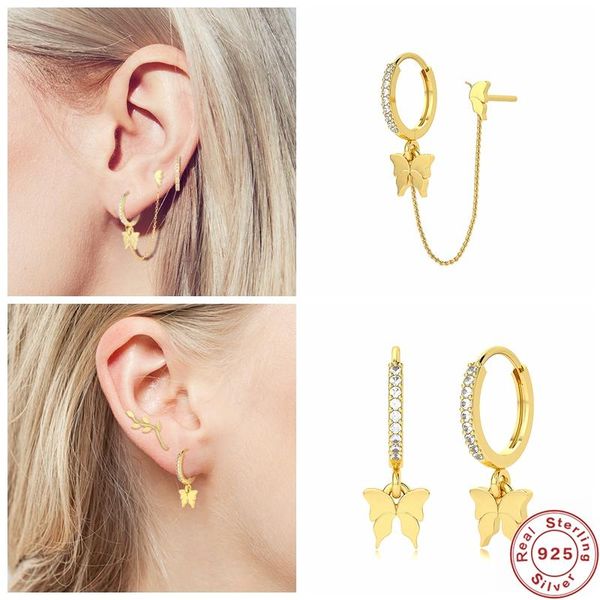

hoop & huggie 100% s925 sterling silver butterfly earrings gold color chain earring for women cartilage ear studs wedding jewelry gifts, Golden;silver