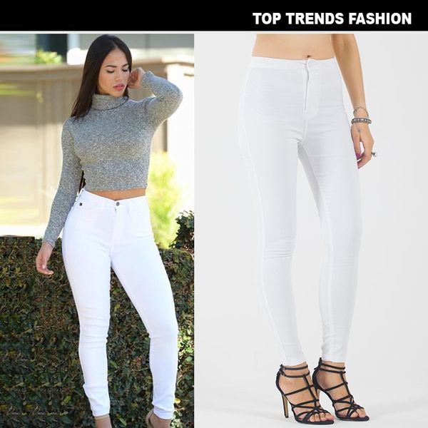 

women's elastic high waist white jeans, Blue