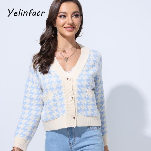 

women's knits & tees vintage fashion cardigan women loose and thin all-match sweater small houndstooth knitted coat fall 2021 clothing, White