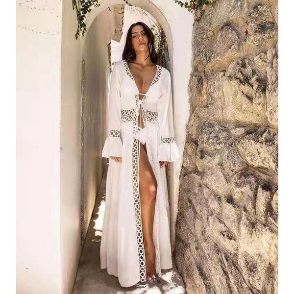 

women's blouses & shirts seaside holiday bikini blouse loose long beach dress cotton outdoor sunscreen spring swimsuit shawl cardigan, White