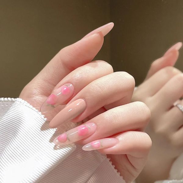 

false nails 24pcs sweet pink peaches fake round mid-length press on women girl fashion manicure patch with glue, Red;gold