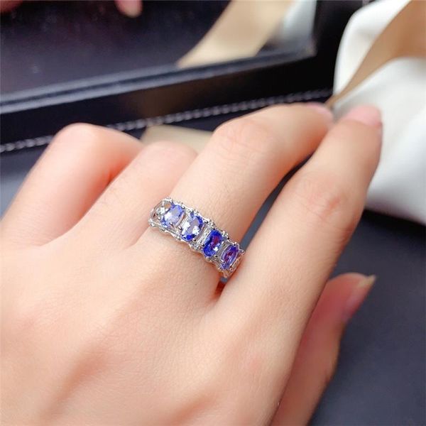 

cluster rings natural tanzanite ring 3*5mm 4 pieces gemstones fine jewelry for women engagement anniversary gift real 925 sterling silver, Golden;silver