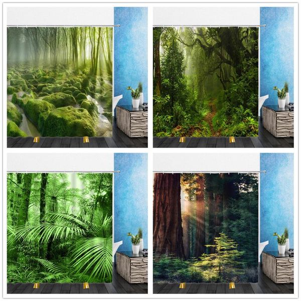 

shower curtains natural landscape summer forest green plant bamboo 3d bathroom home decor waterproof polyester cloth curtain set