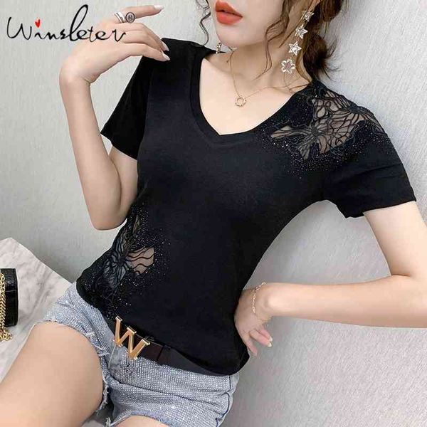 

women's t-shirt summer european clothes t-shirt fashion shiny diamonds transparent women ropa mujer pullover short sleev, White