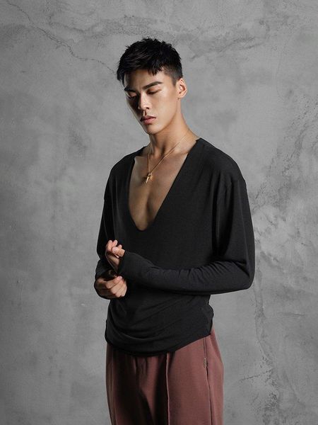 

stage wear zymdancestyle easy look deep v shirt #19601 long sleeves latin dance t-shirt men's different colors zym for men, Black;red
