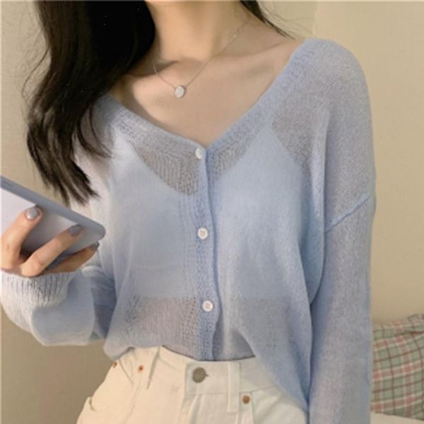 

new women 2021 summer short cardigan coat female v neck thin knitted coats new pure color air conditioning casual zy4941, White;black