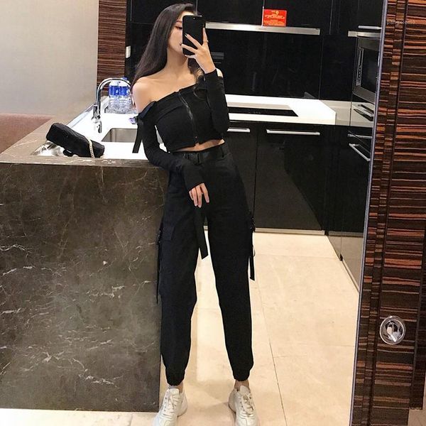 

women's tracksuits two piece set women spring autumn korean casual clothes 2021 tshirt + pant overalls outfits ensemble femme with belt, Gray