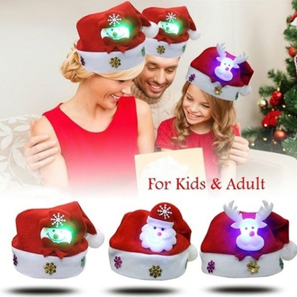 Cappello natalizio con luce a LED Cartone animato Babbo Natale/Alce/Pupazzo di neve Cappello natalizio per bambini adulti xqmg Cappelli natalizi Forniture per feste festive Casa